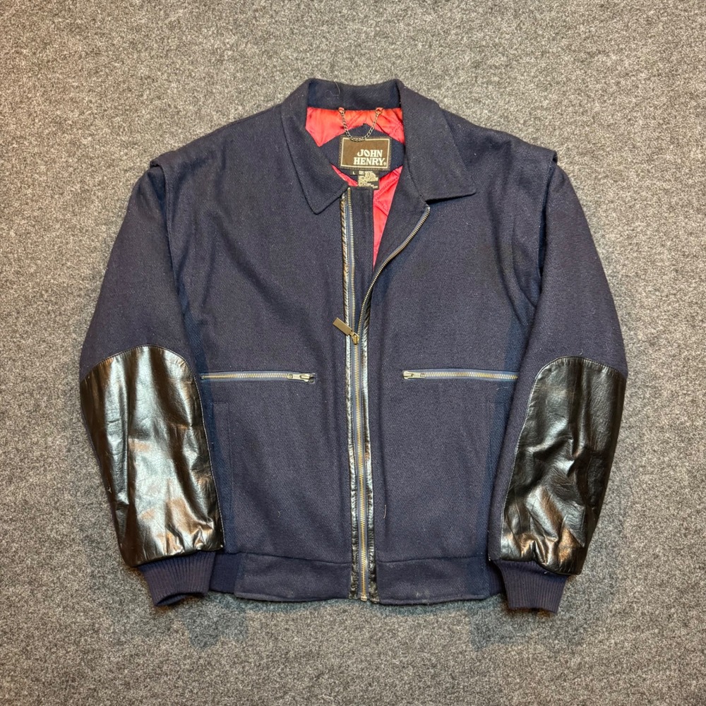 John Henry Mens Vintage Wool Bomber Jacket Navy Blue Leather Trim Quilted Large